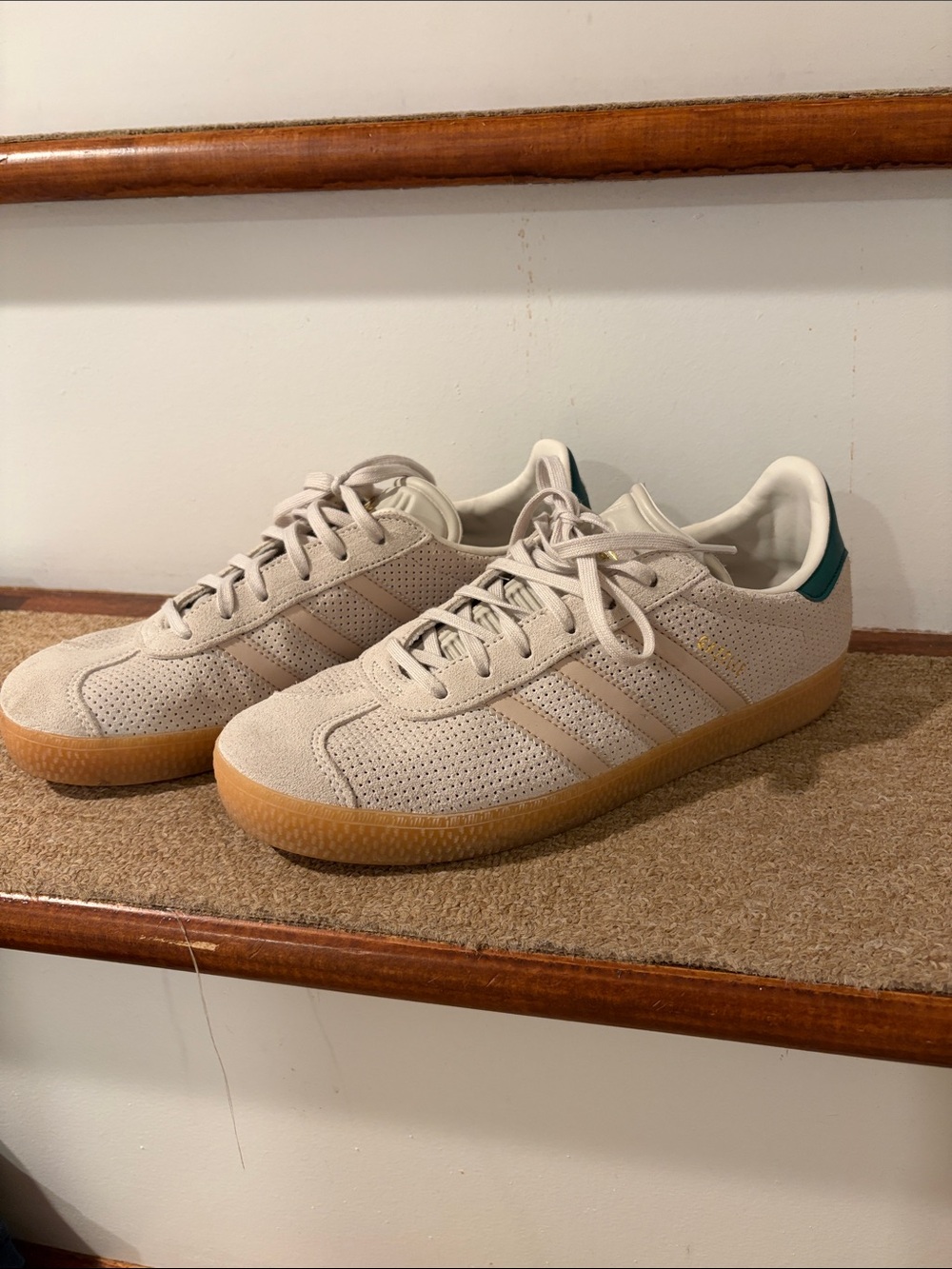 adidas Beige Suede Sneakers with Gum Sole and Green Heel Tab